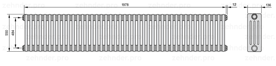 Схема (чертеж) Радиатор Zehnder Charleston 4055/43 №1270 Белый глянцевый RAL 9016
